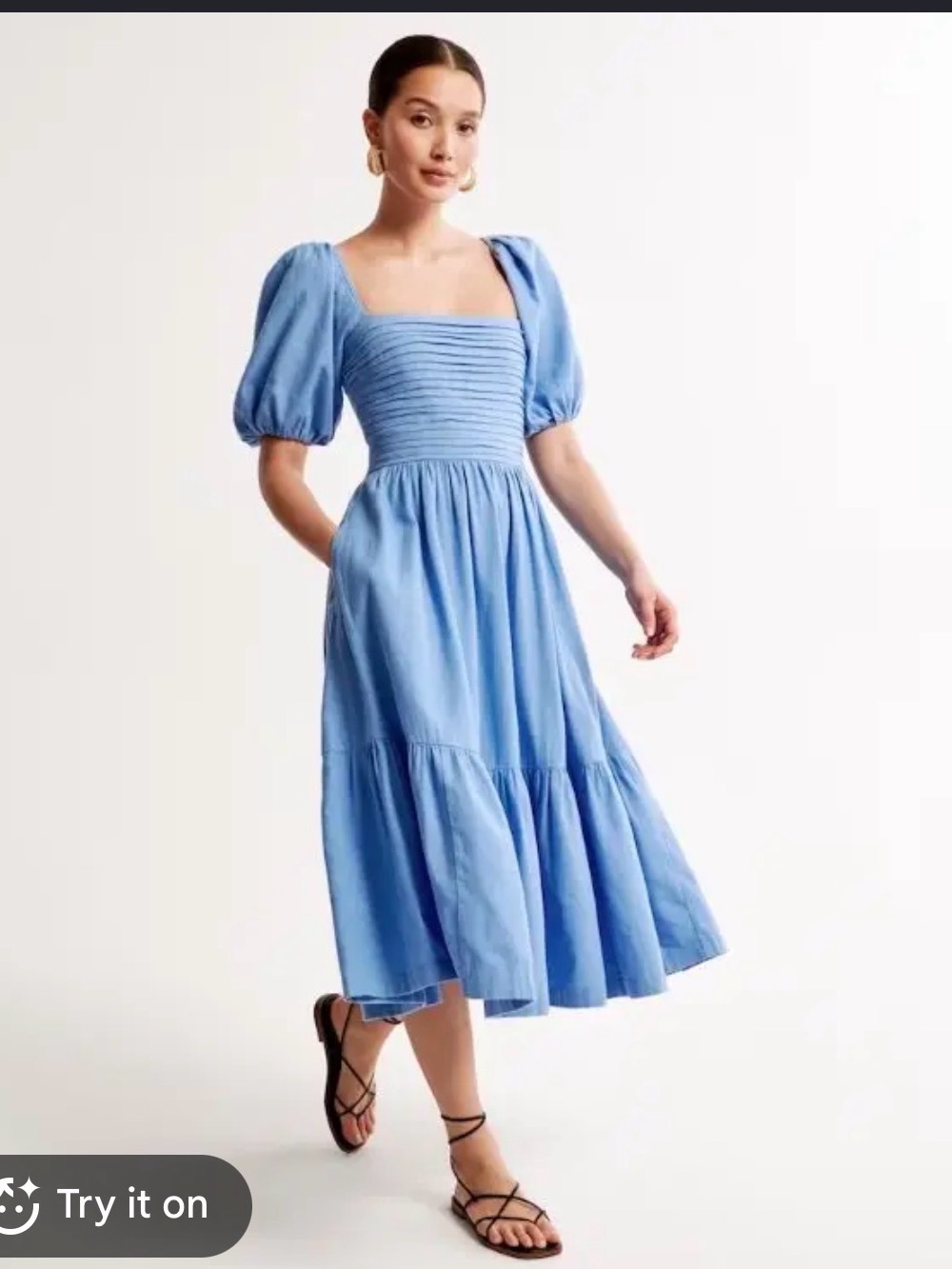 Abercrombie & Fitch Light Blue Puff Sleeve Tiered Midi Dress